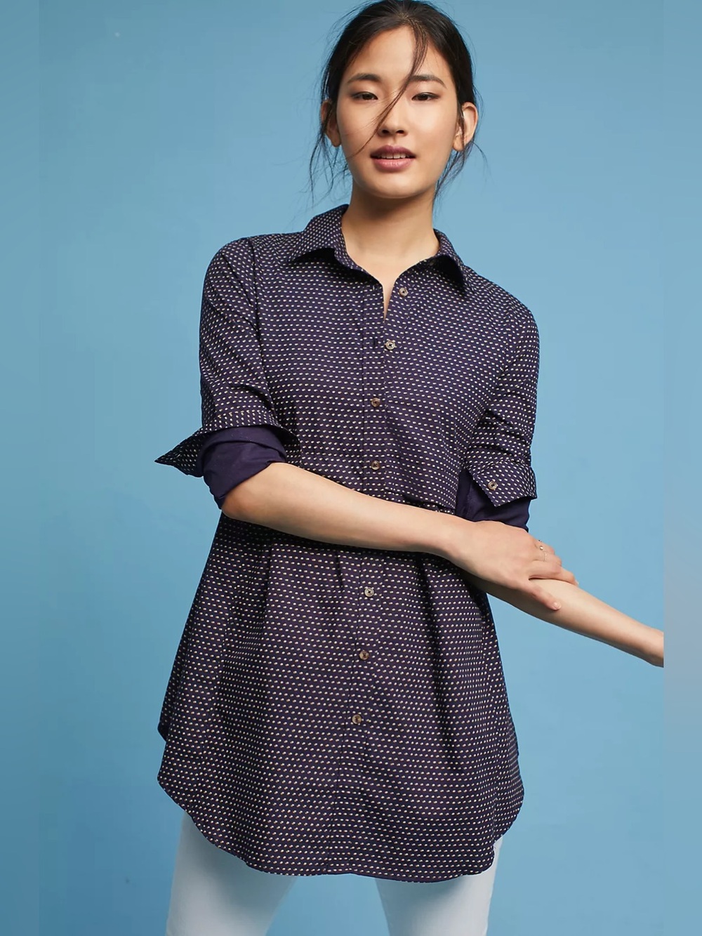 Maeve Anthropologie Polka Dot Button-Down Tunic Top